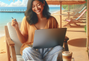 Illustration of Blogger taking notes with coffee in a Beach with laptop setting, with a happy mood.