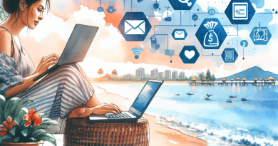 Illustration of Digital nomad on beach in a Beach with laptop setting, with a focused mood.