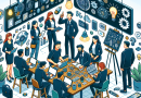 Illustration of Creative team reviewing brand assets in a Café / Coffee shop setting, with a inspired mood.