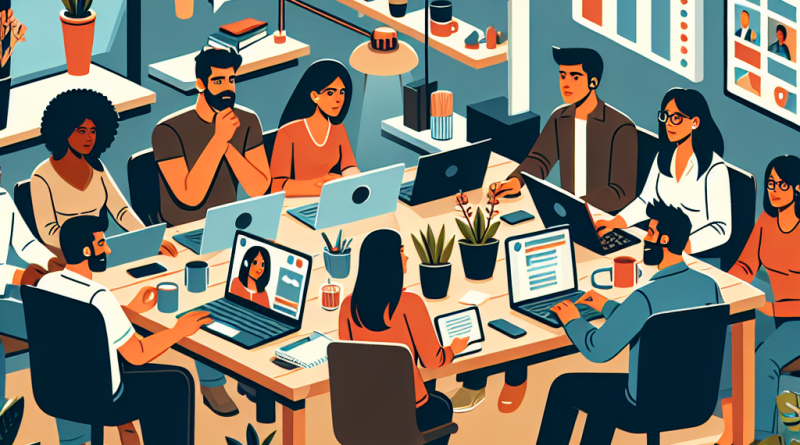 Illustration of Team on video call in a Home office setting, with a focused mood.