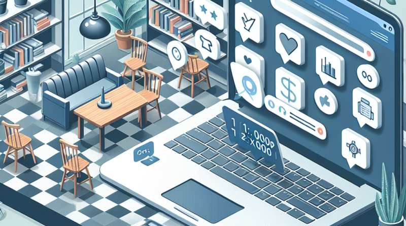Illustration of Laptop on café table in a Bookshelves and creative decor setting, with a determined mood.
