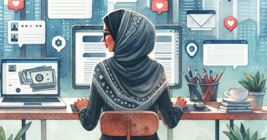 Illustration of Entrepreneur writing blog content in a Digital workspace with screens setting, with a creative mood.