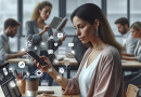 Illustration of Woman multitasking with tech devices in a Co-working space setting, with a focused mood.