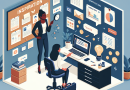 Illustration of Creative professional with inspiration board in a Home office setting, with a inspired mood.