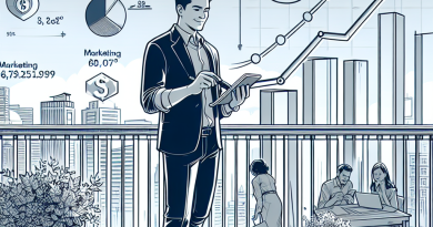 Illustration of Man reviewing marketing performance charts in a Rooftop terrace setting, with a determined mood.