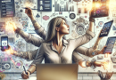 Illustration of Woman multitasking with tech devices in a Whiteboard brainstorming area setting, with a creative mood.