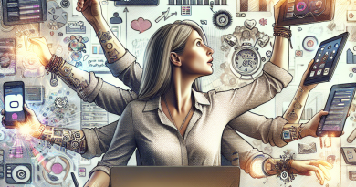 Illustration of Woman multitasking with tech devices in a Whiteboard brainstorming area setting, with a creative mood.