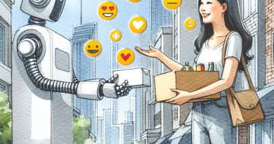 Illustration of Robot handing content to a person in a Urban street view setting, with a happy mood.