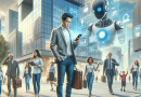 Illustration of AI assistant helping a user in a Urban street view setting, with a determined mood.