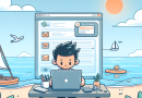Illustration of Writer crafting a blog post in a Beach with laptop setting, with a focused mood.