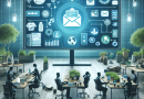 Illustration of Email marketing tools on a screen in a Eco-friendly office setting, with a relaxed mood.