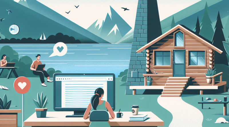 Illustration of Writer crafting a blog post in a Nature retreat (mountain/lake cabin setup) setting, with a focused mood.
