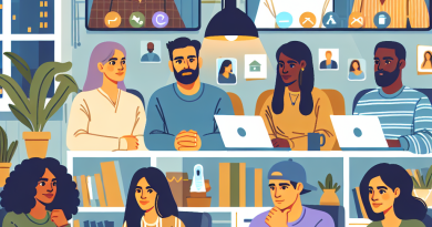 Illustration of Team on video call in a Home office setting, with a focused mood.