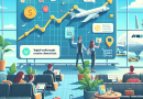 Illustration of Chart showing upward growth in a Travel setting (airport lounge setting, with a focused mood.