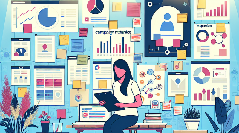 Illustration of Marketer reviewing campaign metrics in a Wall with inspiration board / post-its setting, with a inspired mood.