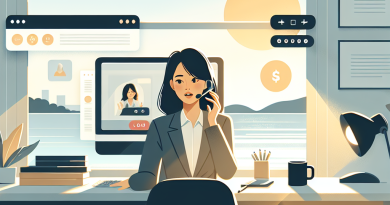 Illustration of remote worker on video call in a sunlit digital nomad workspace setting, with a determined mood.