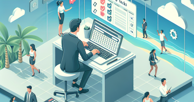 Illustration of person scheduling tasks in a beachside workspace setting, with a inspired mood.