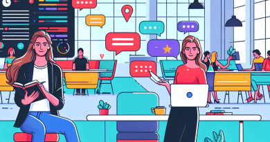 Illustration of freelance writer with notebook in a tech startup office setting, with a relaxed mood.