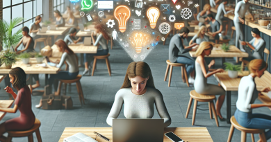 Illustration of freelancer working on laptop in a busy coffee shop setting setting, with a inspired mood.
