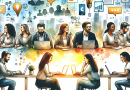 Illustration of team collaborating remotely in a sunlit digital nomad workspace setting, with a inspired mood.