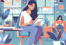 Illustration of young entrepreneur on tablet in a tech startup office setting, with a relaxed mood.
