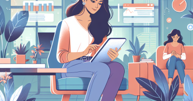 Illustration of young entrepreneur on tablet in a tech startup office setting, with a relaxed mood.