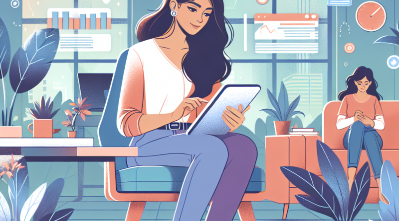 Illustration of young entrepreneur on tablet in a tech startup office setting, with a relaxed mood.