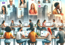 Illustration of team collaborating remotely in a beachside workspace setting, with a creative mood.