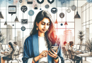 Illustration of gig worker checking phone in a modern coworking space setting, with a creative mood.