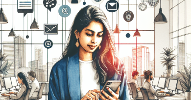 Illustration of gig worker checking phone in a modern coworking space setting, with a creative mood.