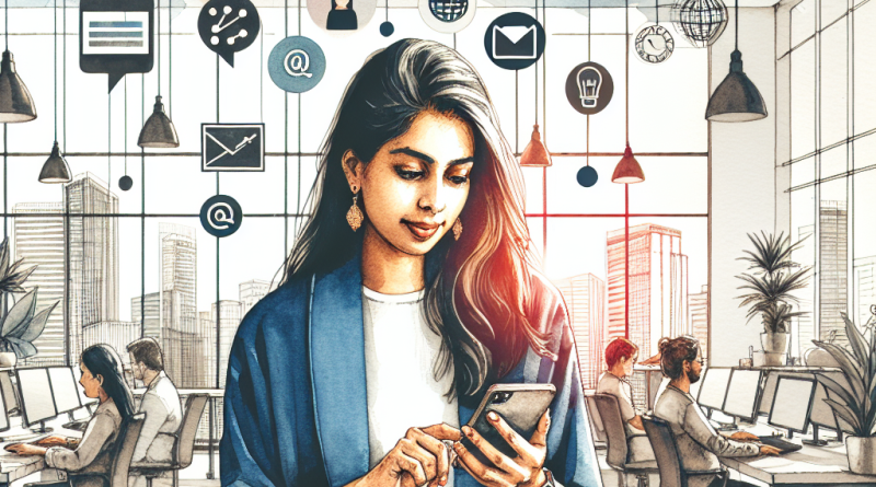 Illustration of gig worker checking phone in a modern coworking space setting, with a creative mood.