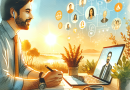 Illustration of remote worker on video call in a sunlit digital nomad workspace setting, with a inspired mood.