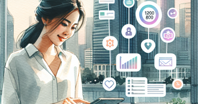 Illustration of young entrepreneur on tablet in a urban apartment interior setting, with a happy mood.