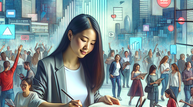 Illustration of freelance writer with notebook in a tech startup office setting, with a happy mood.