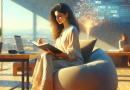 Illustration of freelance writer with notebook in a sunlit digital nomad workspace setting, with a relaxed mood.