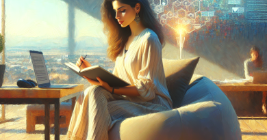 Illustration of freelance writer with notebook in a sunlit digital nomad workspace setting, with a relaxed mood.