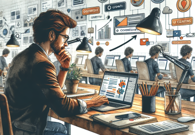 Illustration of freelancer working on laptop in a creative studio environment setting, with a focused mood.