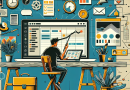 Illustration of person scheduling tasks in a laptop on rustic table setting, with a determined mood.