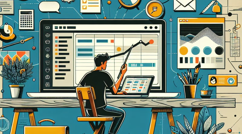Illustration of person scheduling tasks in a laptop on rustic table setting, with a determined mood.