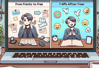 Illustration of person scheduling tasks in a laptop on rustic table setting, with a happy mood.