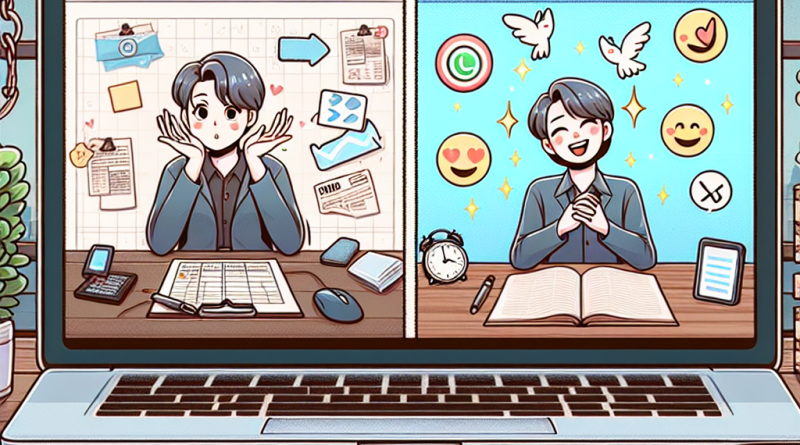 Illustration of person scheduling tasks in a laptop on rustic table setting, with a happy mood.