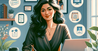 Illustration of freelance writer with notebook in a home office setup setting, with a happy mood.