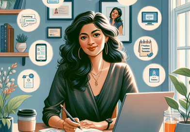 Illustration of freelance writer with notebook in a home office setup setting, with a happy mood.