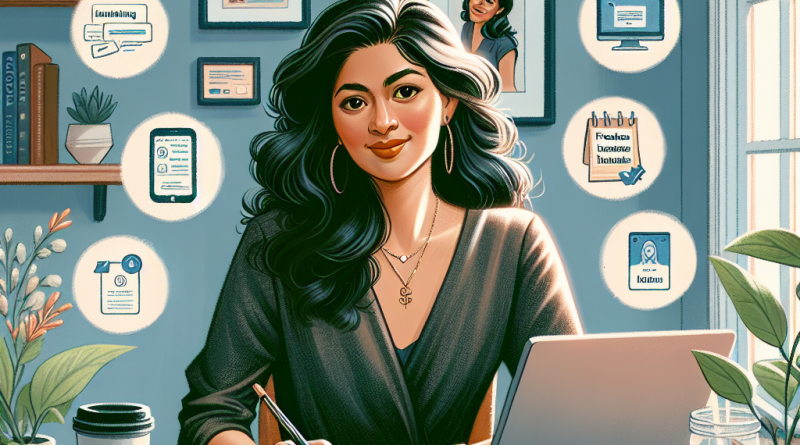 Illustration of freelance writer with notebook in a home office setup setting, with a happy mood.