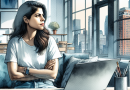 Illustration of startup founder brainstorming in a urban apartment interior setting, with a determined mood.