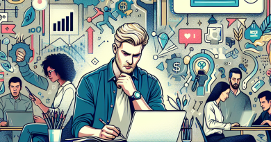 Illustration of freelance writer with notebook in a modern coworking space setting, with a determined mood.