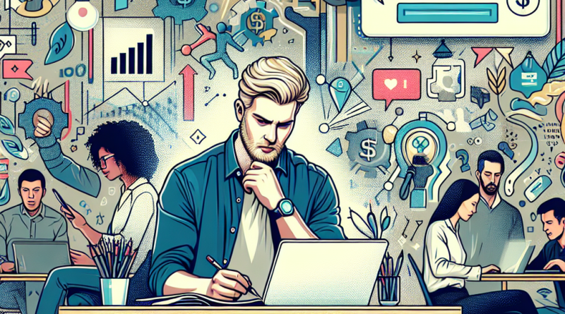 Illustration of freelance writer with notebook in a modern coworking space setting, with a determined mood.