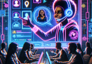 Illustration of remote worker on video call in a tech startup office setting, with a happy mood.