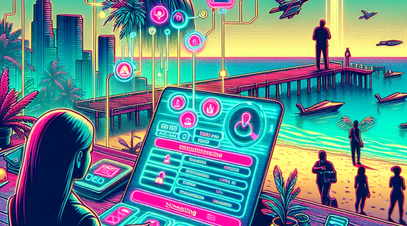 Illustration of person scheduling tasks in a beachside workspace setting, with a inspired mood.