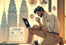 Illustration of digital nomad with coffee in a urban apartment interior setting, with a determined mood.